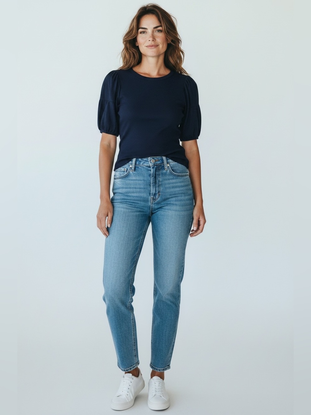 J.Crew Navy Blue Vintage Rib Puff Sleeve Mixed Media Top Scoop Neck Small